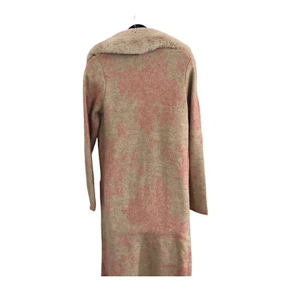 Tan & pink glam oversized faux fur collar open front long cardigan size small - Picture 5 of 14